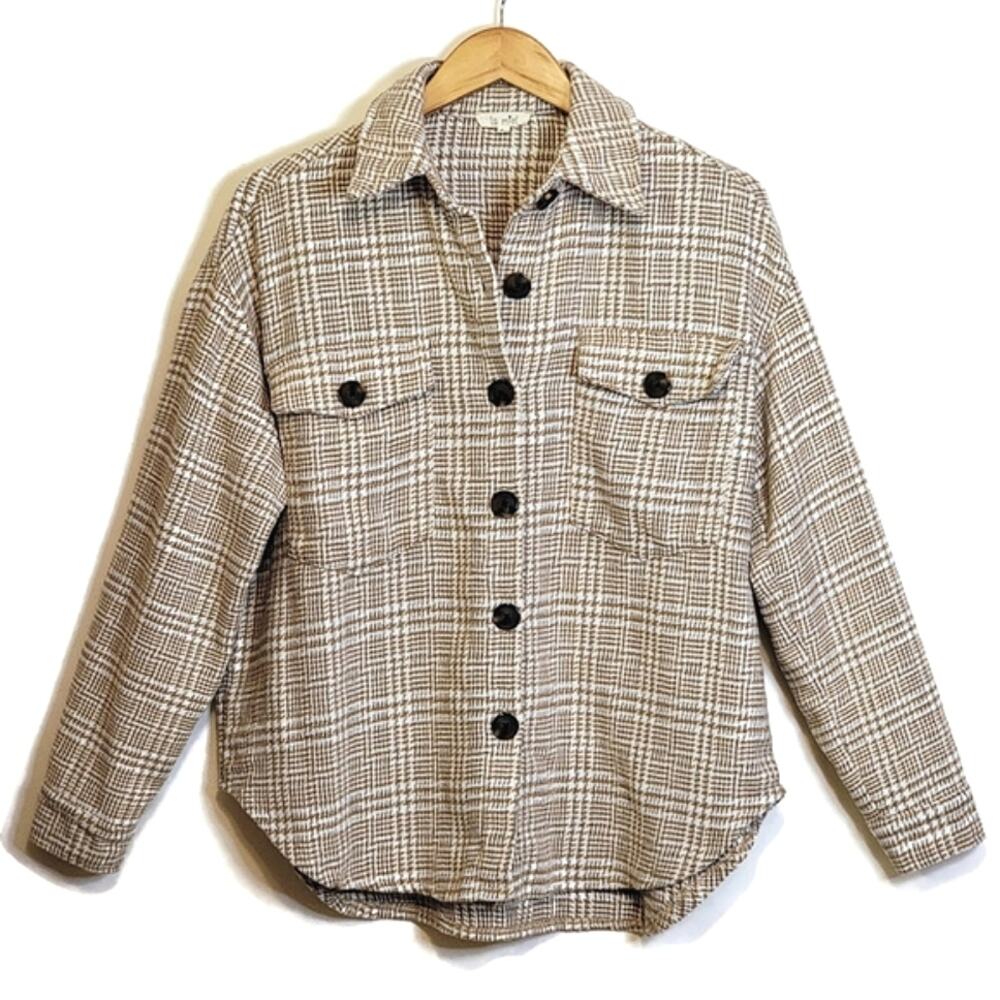 La Miel Plaid Button Front Shacket Shirt Tan Cream Cozy Fall S - Picture 12 of 12